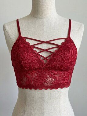 AVIDLOVE Red Sheer Lace Bralette Crop Top with Strappy Details - Size S